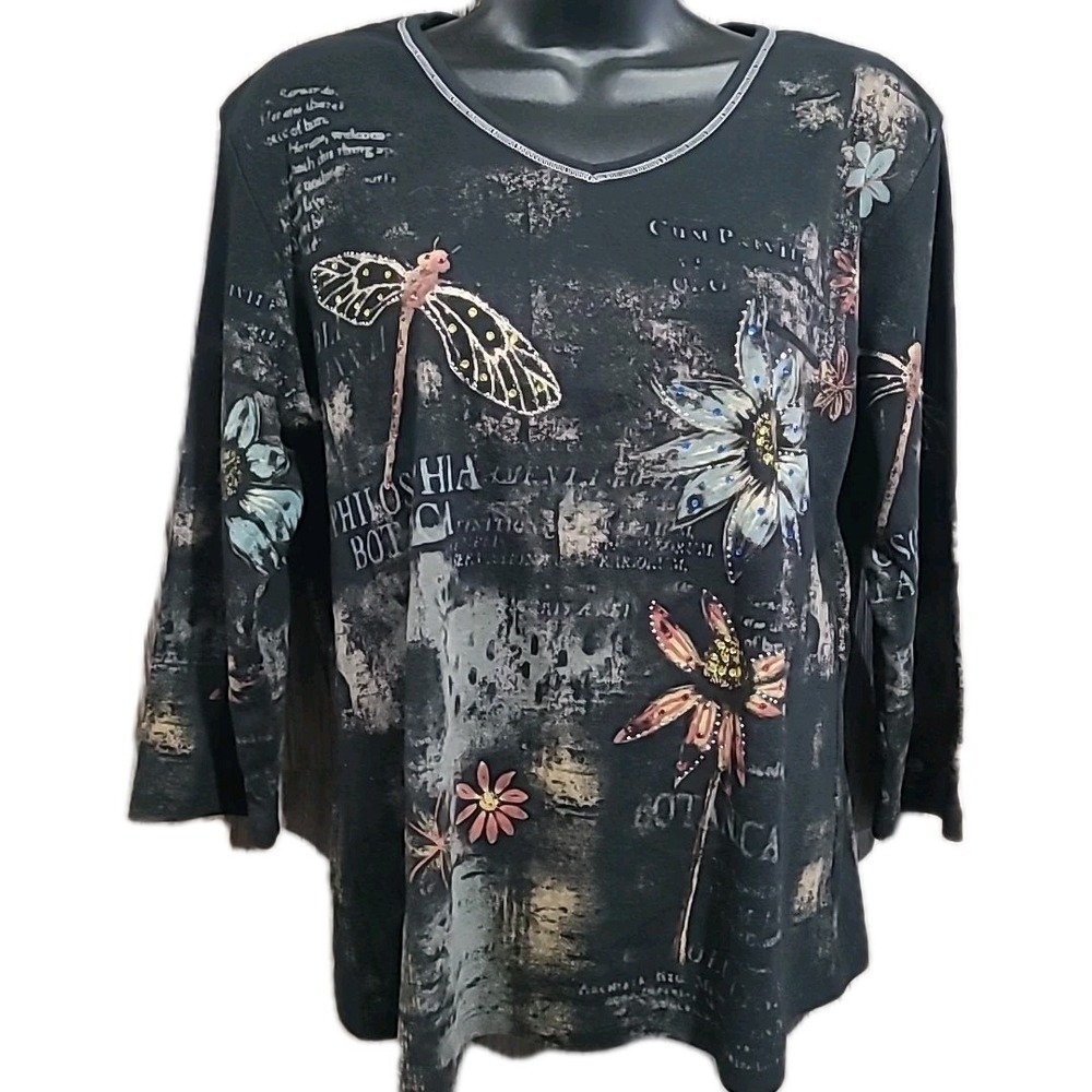 Jess & Jane Botanica Top Sz M Black Rhinestone Dragonfly Flower Grunge Whimsy